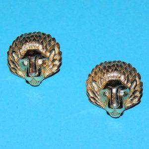 Vintage KRAMER Lion Head Brooch Pin Set Pair Zodiac Leo Gold Tone Signed RARE